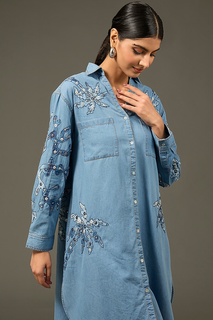 Blue Denim Cotton Applique Handwork Vacation Dress by Nakateki at Pernia's Pop Up Shop