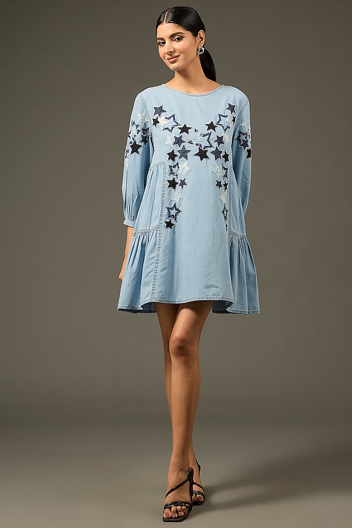 Blue Denim Cotton Applique Patchwork Shift Dress by Nakateki at Pernia's Pop Up Shop