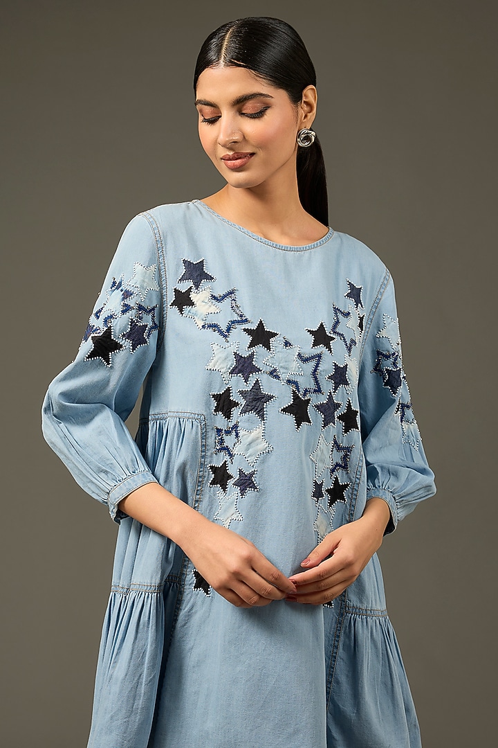 Blue Denim Cotton Applique Patchwork Shift Summer Dress by Nakateki at Pernia's Pop Up Shop