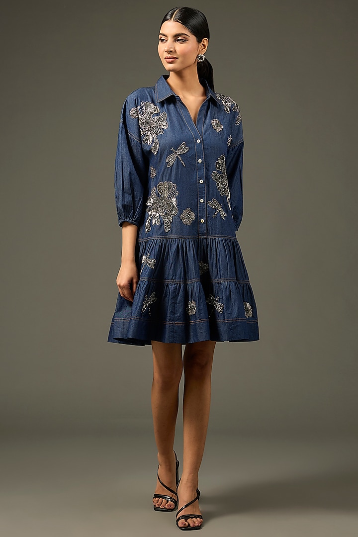 Blue Cotton & Denim Beaded Hand Work Shift Dress by Nakateki at Pernia's Pop Up Shop