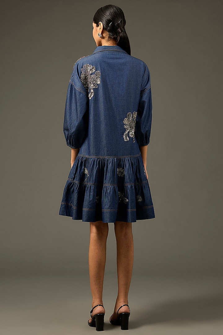 Blue Cotton & Denim Beaded Hand Work Shift Vacation Dress by Nakateki at Pernia's Pop Up Shop