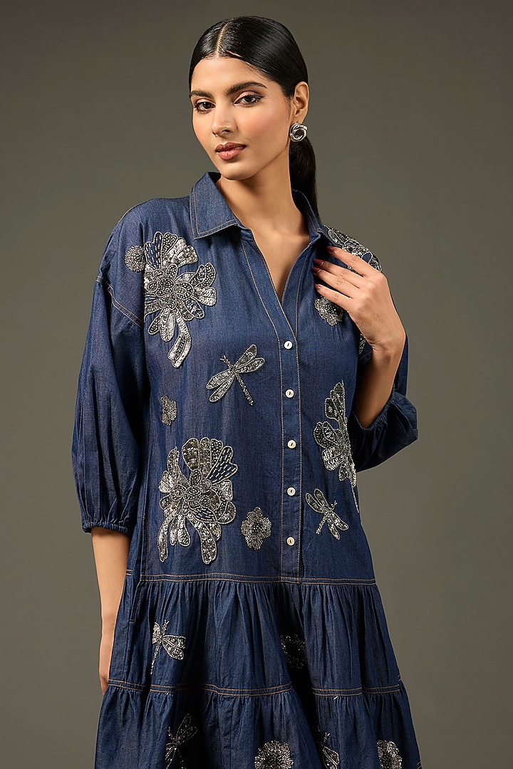 Blue Cotton & Denim Beaded Hand Work Shift Vacation Dress by Nakateki at Pernia's Pop Up Shop