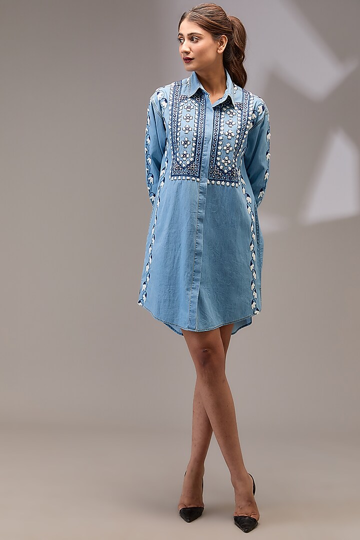 Blue Denim Mirror Embroidered Knee-Length Summer Shirt Dress by Nakateki at Pernia's Pop Up Shop