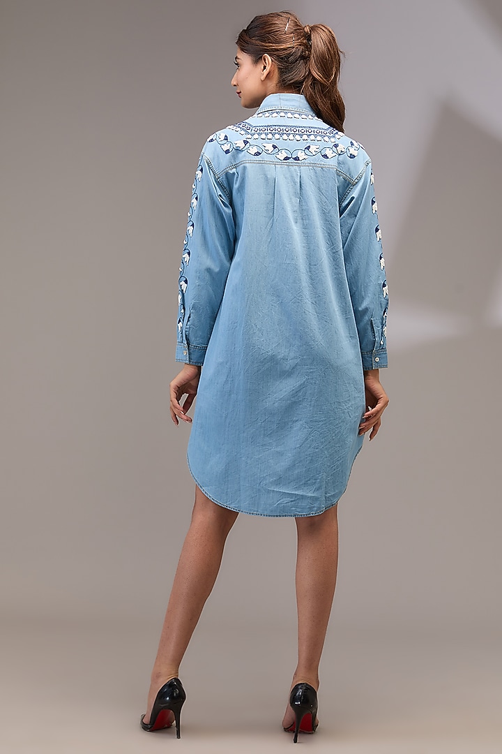 Blue Denim Mirror Embroidered Knee-Length Summer Shirt Dress by Nakateki at Pernia's Pop Up Shop