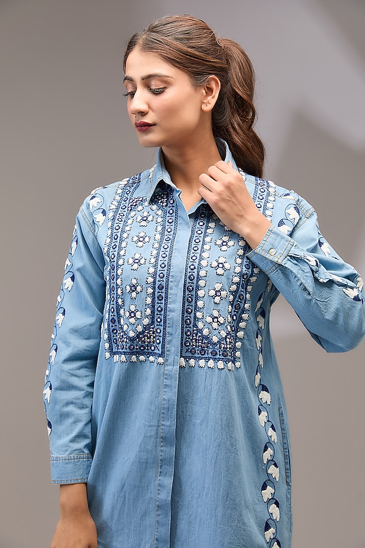 Blue Denim Mirror Embroidered Knee-Length Summer Shirt Dress by Nakateki at Pernia's Pop Up Shop