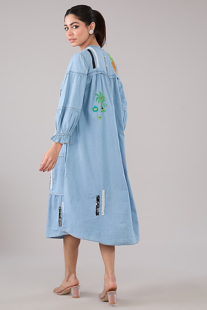 Blue Washed Denim & Cotton Bead Embellished Layered Vacation Dress by Nakateki at Pernia's Pop Up Shop