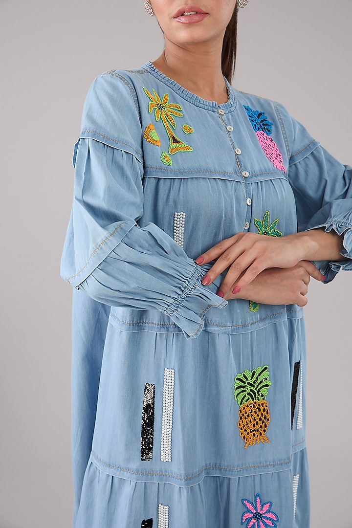 Blue Washed Denim & Cotton Bead Embellished Layered Vacation Dress by Nakateki at Pernia's Pop Up Shop