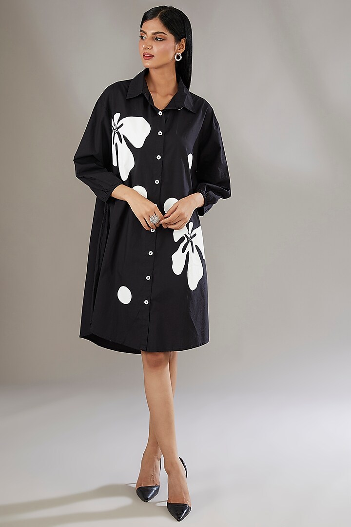 Black Cotton Applique Embroidered & Floral Printed Shirt Dress by Nakateki at Pernia's Pop Up Shop