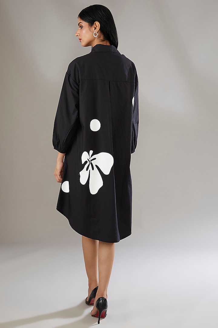 Black Cotton Applique Embroidered & Floral Printed Summer Shirt Dress by Nakateki at Pernia's Pop Up Shop