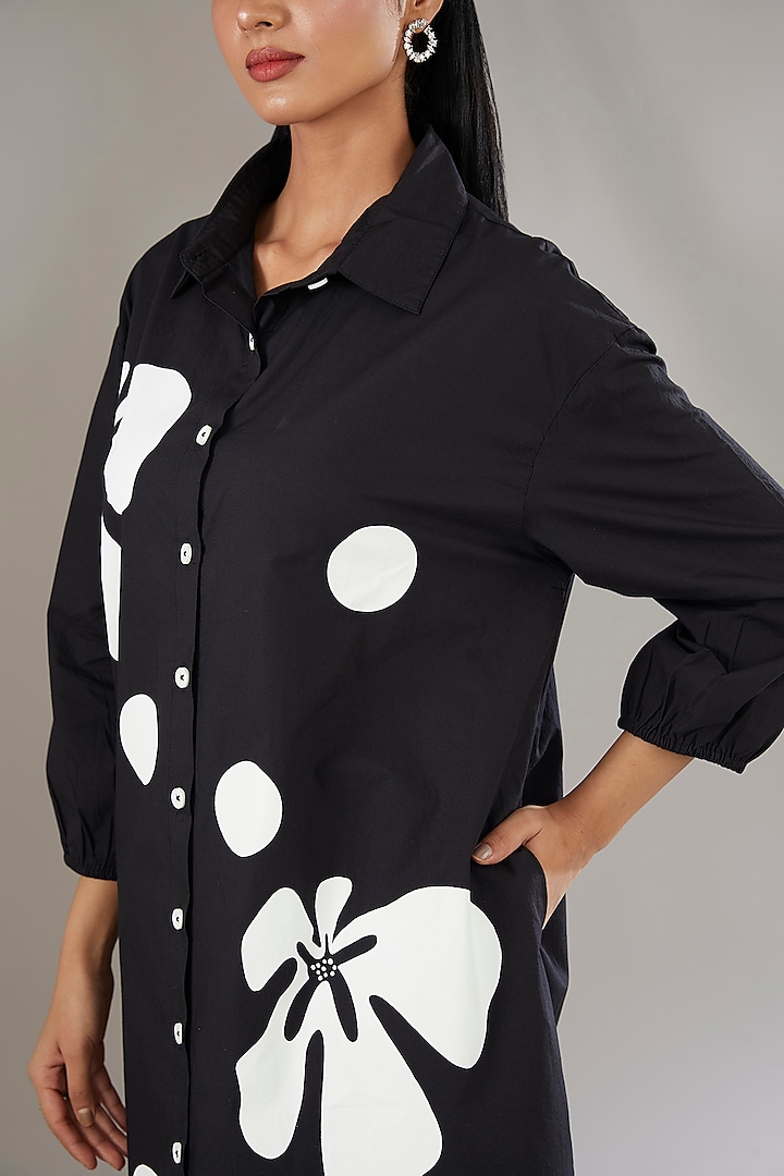 Black Cotton Applique Embroidered & Floral Printed Summer Shirt Dress by Nakateki at Pernia's Pop Up Shop