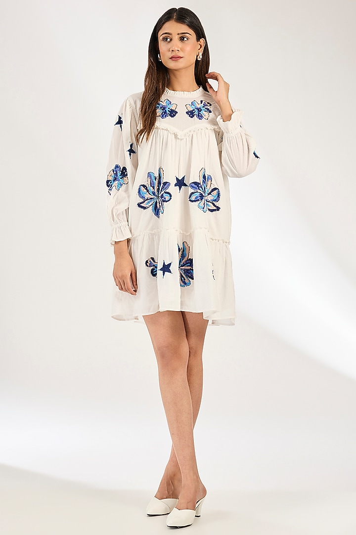 Off-White Cotton Cambric Applique Embellished Mini Summer Dress by Nakateki at Pernia's Pop Up Shop