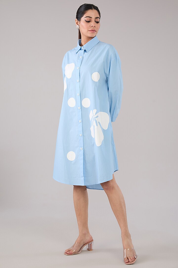 Blue Cotton Poplin Floral & Abstract Printed Shirt Dress by Nakateki