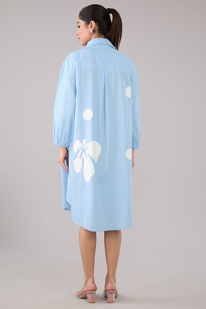 Blue Cotton Poplin Floral & Abstract Printed Summer Shirt Dress by Nakateki at Pernia's Pop Up Shop