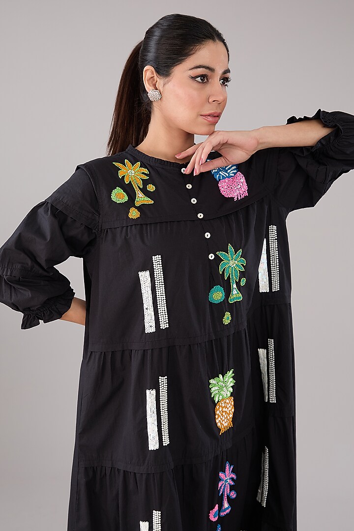 Black Cotton Poplin Bead Embellished Layered Vacation Dress by Nakateki at Pernia's Pop Up Shop