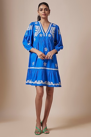 Blue Cotton Cambric Applique Embellished A-Line Mini Dress by Nakateki