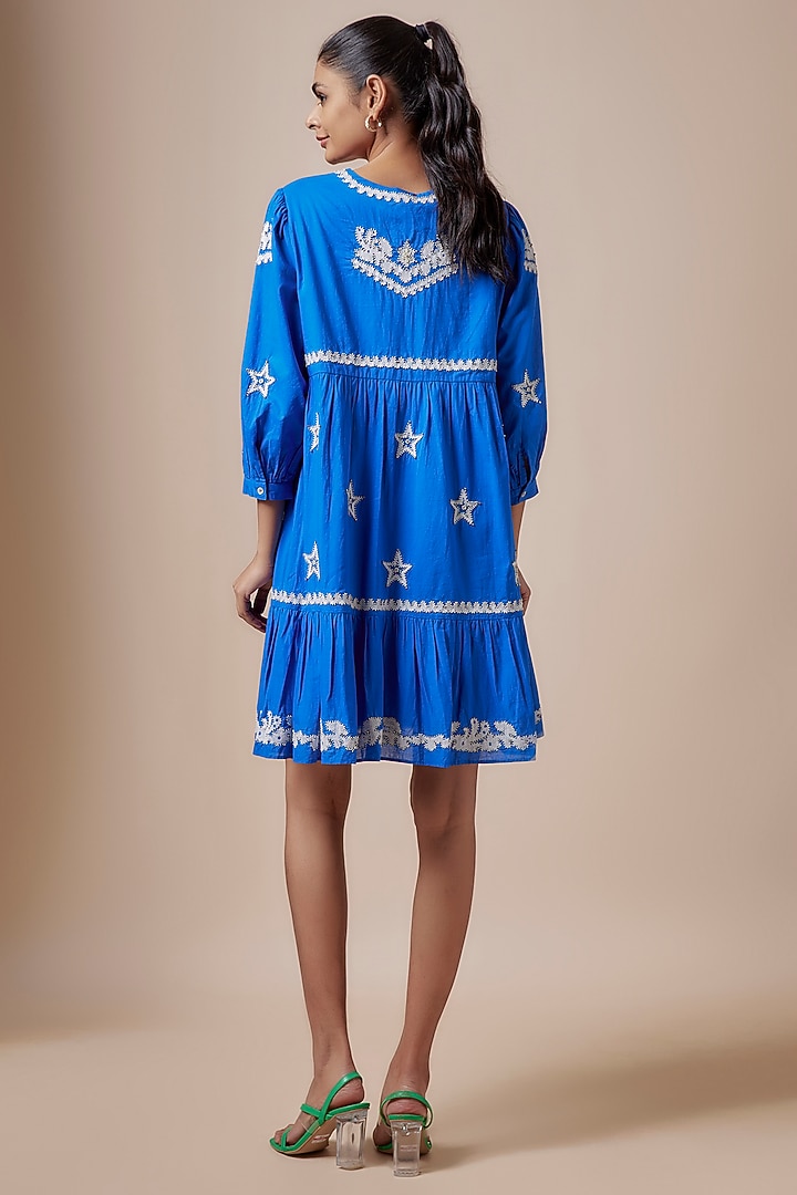 Blue Cotton Cambric Applique Embellished A-Line Mini Summer Dress by Nakateki at Pernia's Pop Up Shop