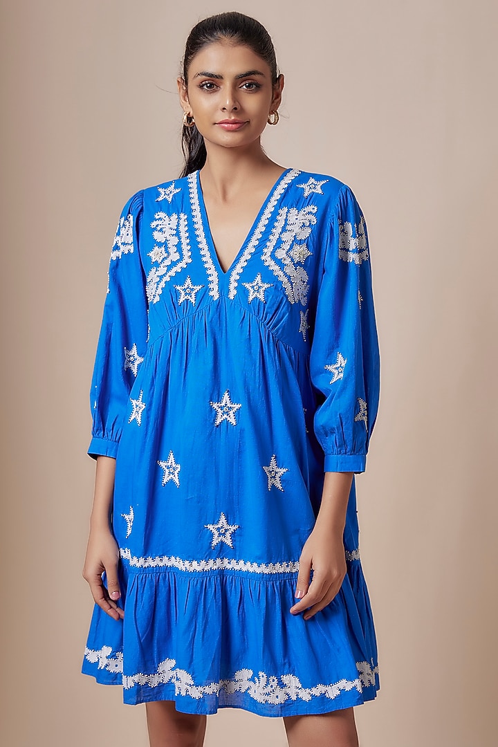 Blue Cotton Cambric Applique Embellished A-Line Mini Summer Dress by Nakateki at Pernia's Pop Up Shop