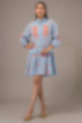 Blue Cotton & Linen Embroidered Mini Dress by Nakateki