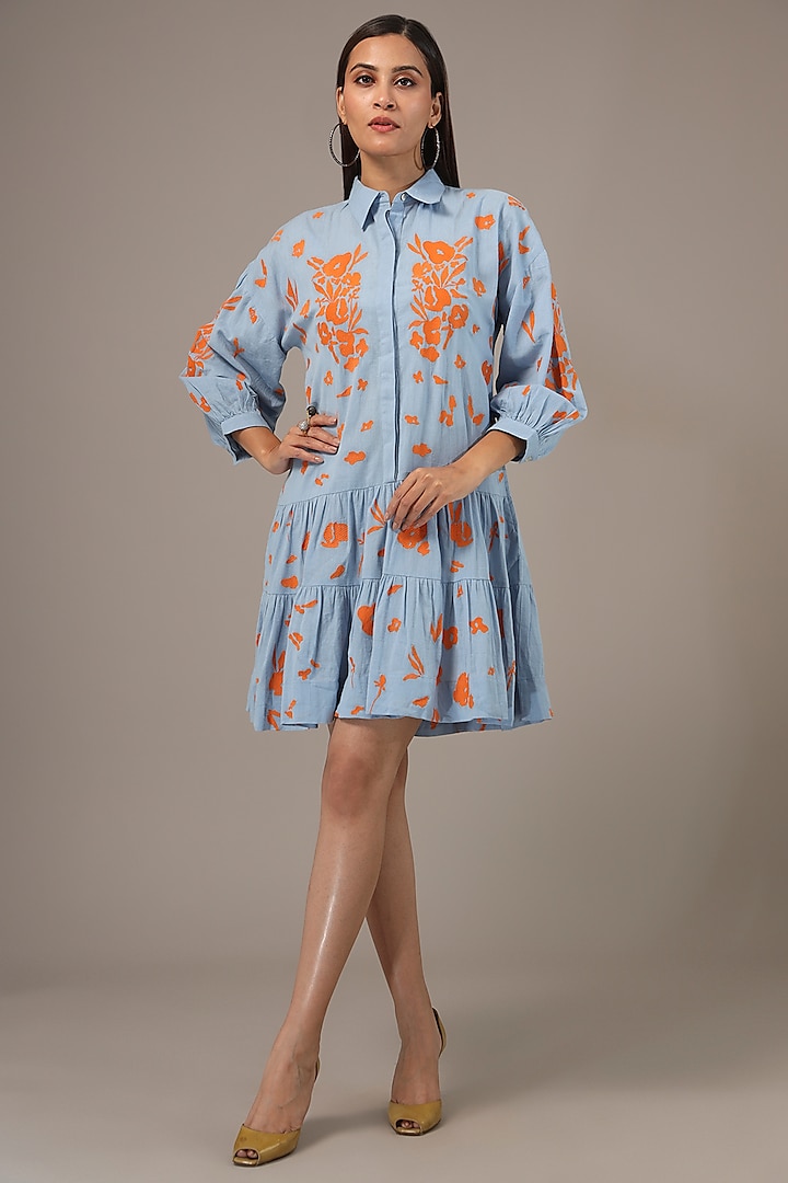 Blue Cotton & Linen Embroidered Mini Dress by Nakateki
