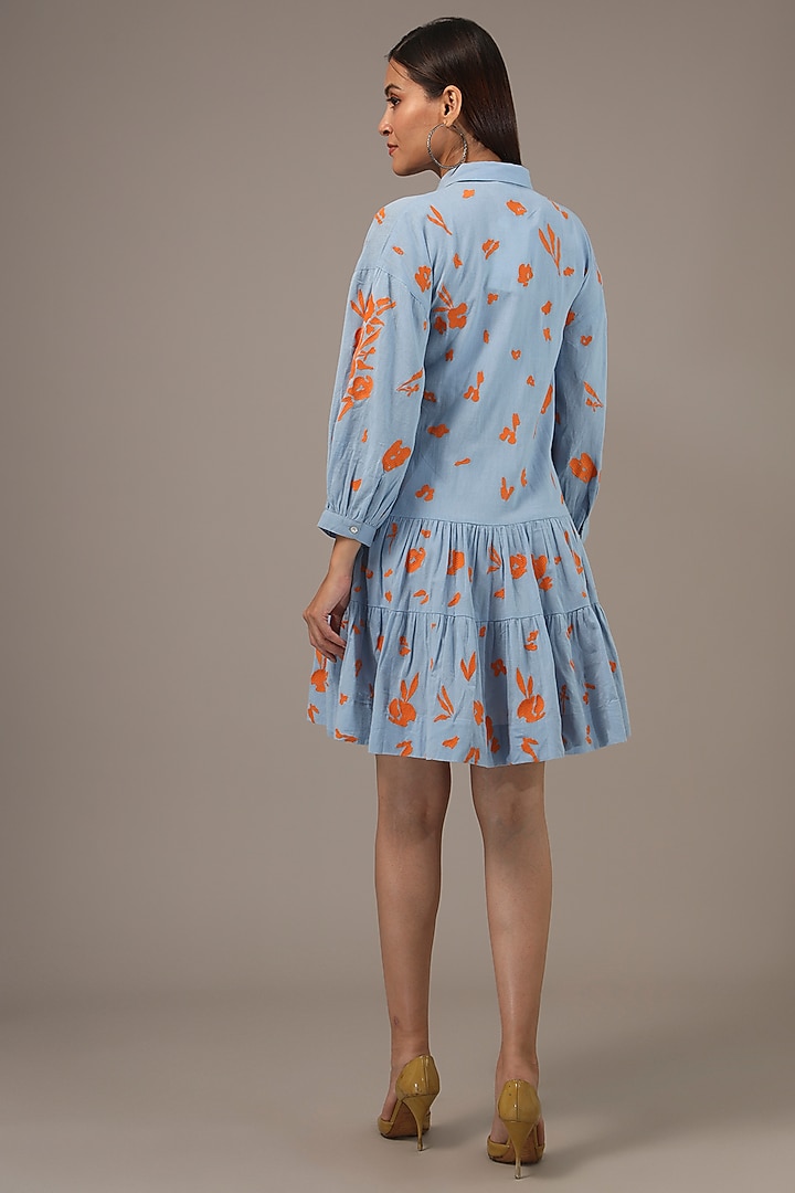 Blue Cotton & Linen Embroidered Mini Summer Dress by Nakateki at Pernia's Pop Up Shop