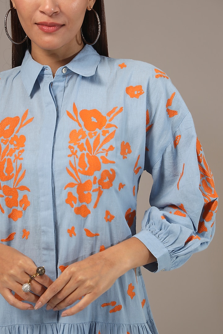 Blue Cotton & Linen Embroidered Mini Summer Dress by Nakateki at Pernia's Pop Up Shop