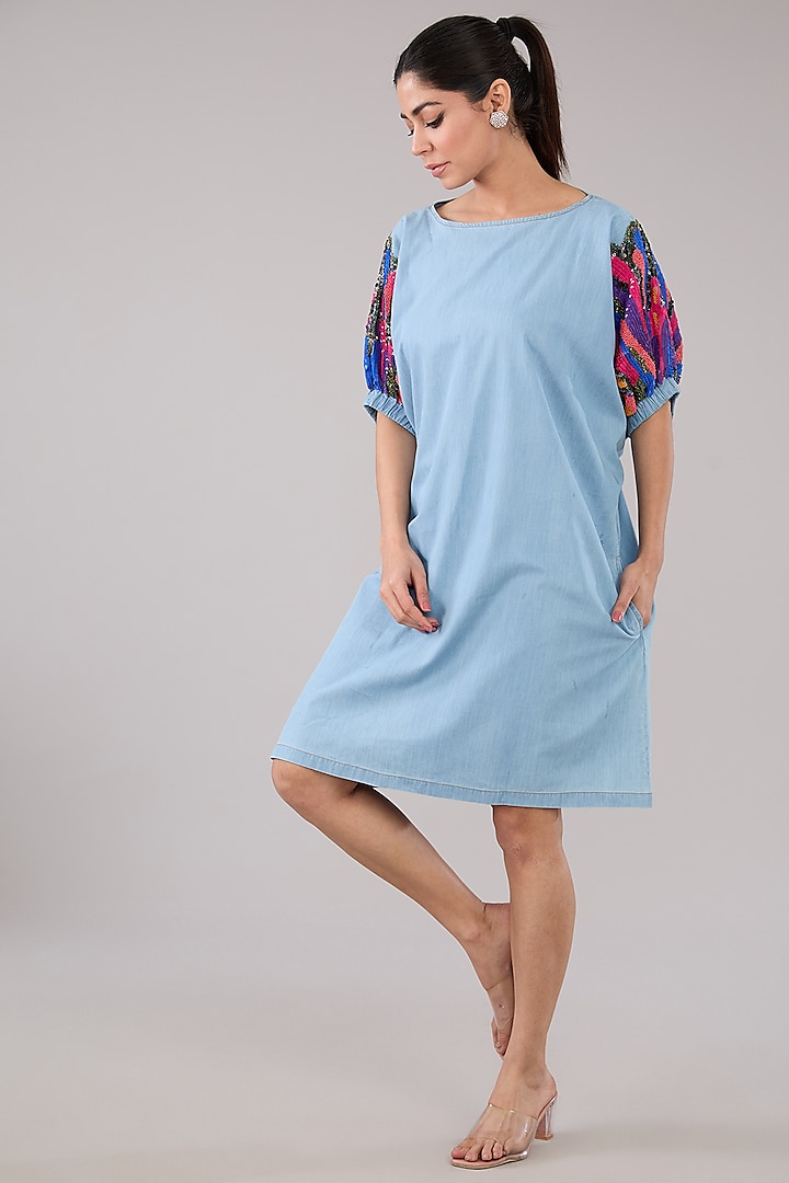 Blue Denim & Cotton Abstract Embellished Dress by Nakateki
