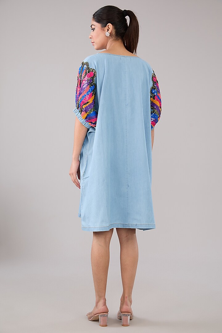 Blue Denim & Cotton Abstract Embellished Vacation Dress by Nakateki at Pernia's Pop Up Shop