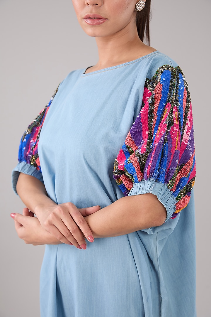 Blue Denim & Cotton Abstract Embellished Vacation Dress by Nakateki at Pernia's Pop Up Shop