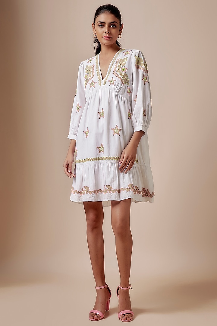 White Cotton Cambric Applique Embellished A-Line Mini Dress by Nakateki