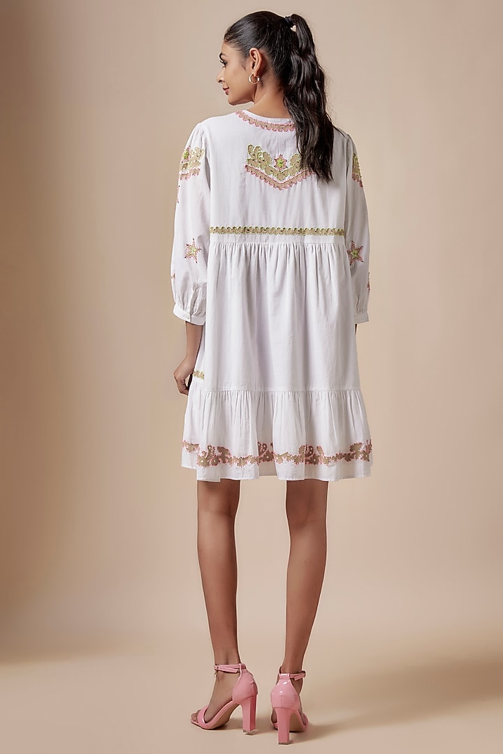 White Cotton Cambric Applique Embellished A-Line Mini Summer Dress by Nakateki at Pernia's Pop Up Shop