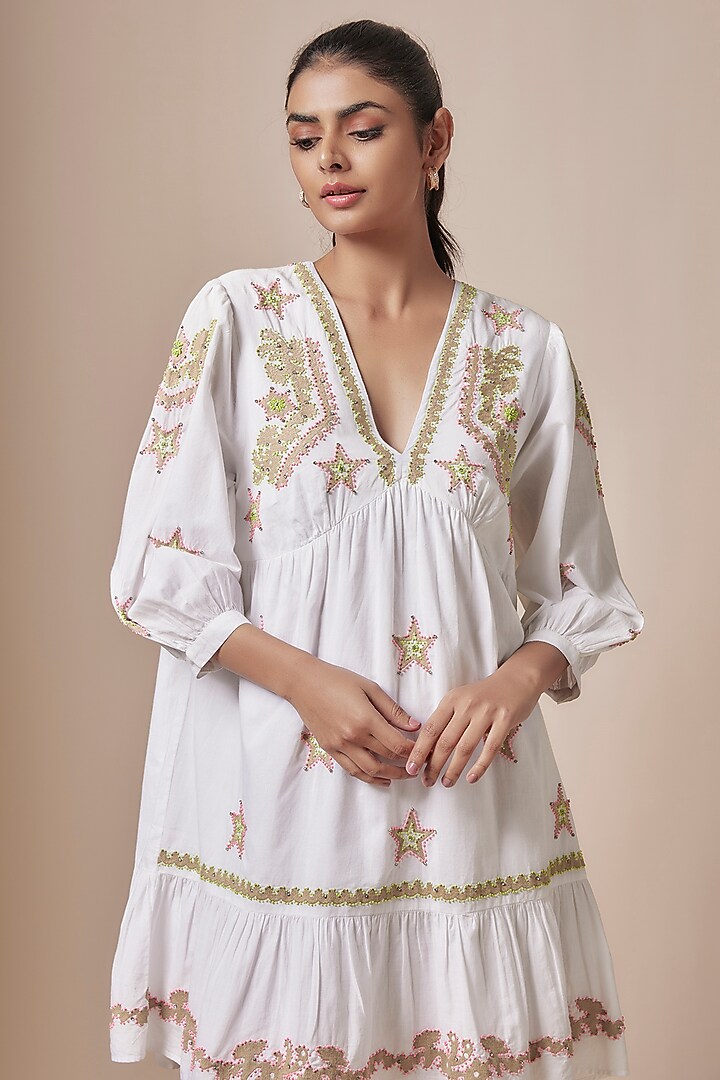 White Cotton Cambric Applique Embellished A-Line Mini Summer Dress by Nakateki at Pernia's Pop Up Shop