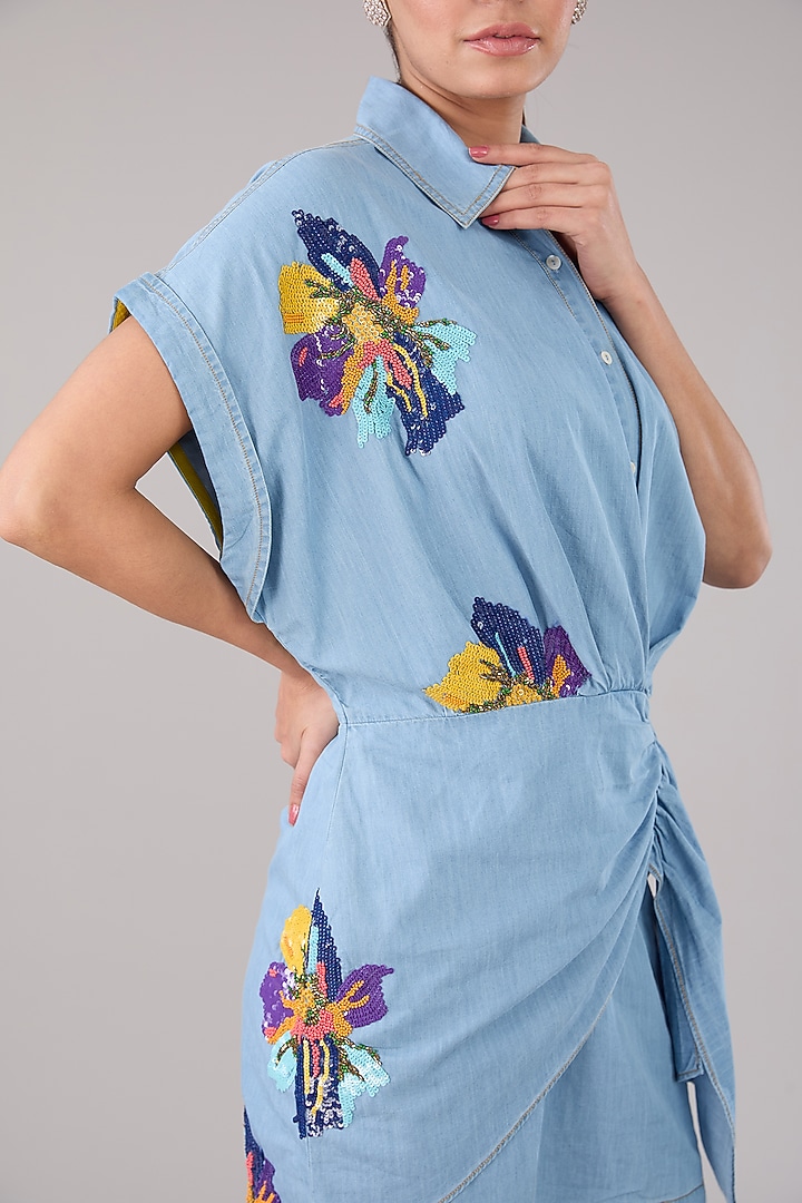 Blue Denim & Cotton Applique Floral Embellished Mini Summer Dress by Nakateki at Pernia's Pop Up Shop