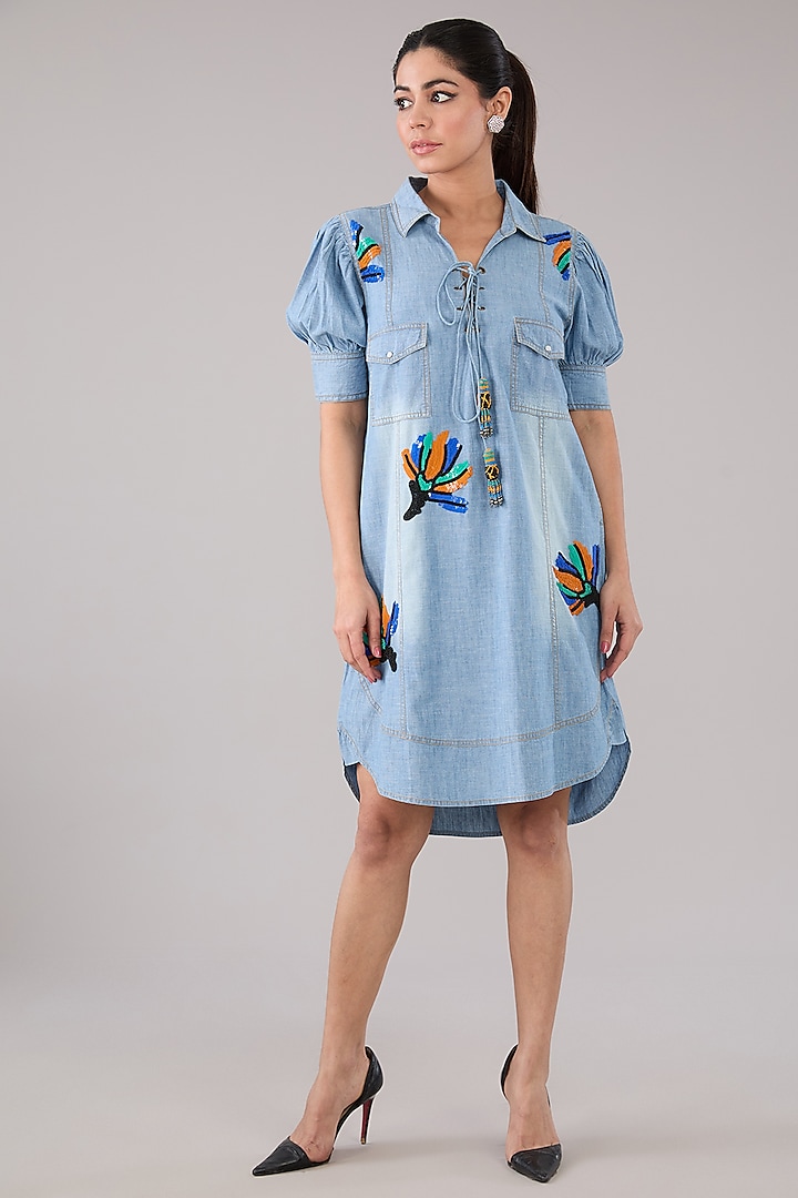 Blue Washed Denim & Cotton Floral Applique Embellished Dress by Nakateki