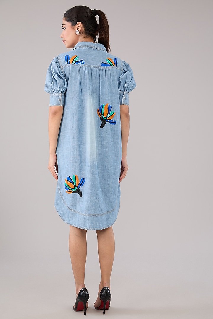 Blue Washed Denim & Cotton Floral Applique Embellished Summer Dress by Nakateki at Pernia's Pop Up Shop