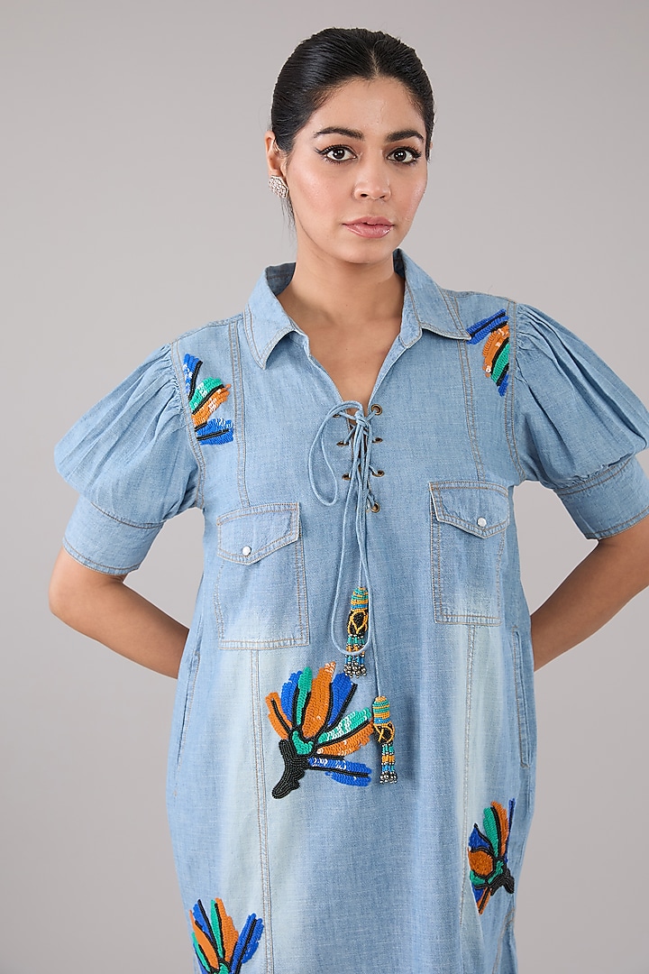 Blue Washed Denim & Cotton Floral Applique Embellished Summer Dress by Nakateki at Pernia's Pop Up Shop
