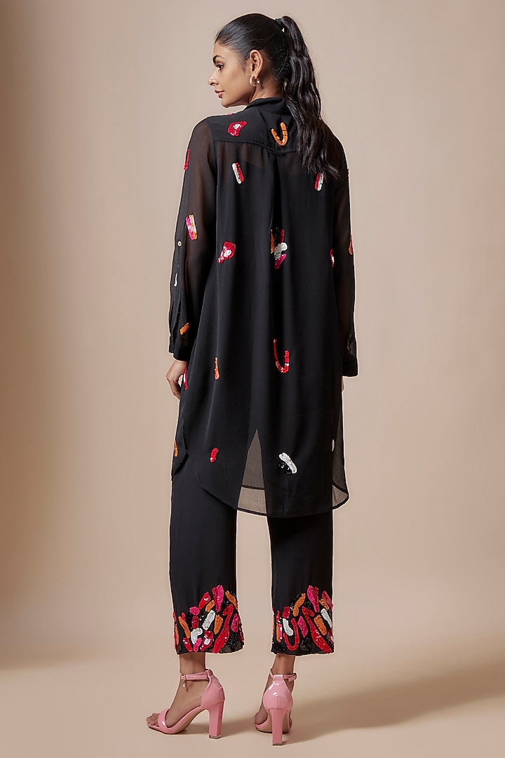 Black Chiffon Abstract Embellished Co-Ord Set by Nakateki at Pernia's Pop Up Shop