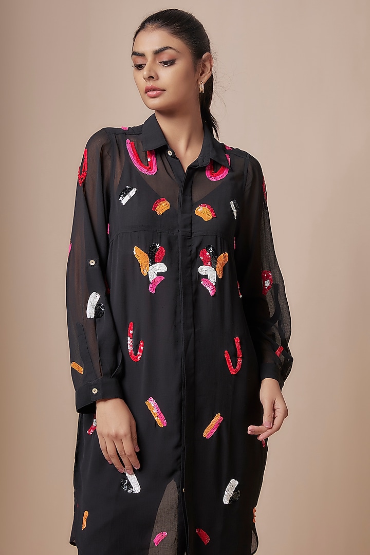 Black Chiffon Abstract Embellished Co-Ord Set by Nakateki at Pernia's Pop Up Shop