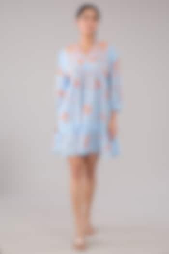 Blue Cotton Poplin Floral Motif & Applique Embellished Mini Dress by Nakateki