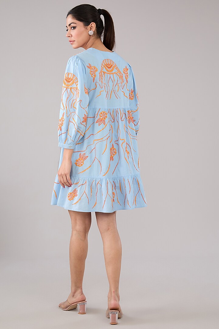 Blue Cotton Poplin Floral Motif & Applique Embellished Mini Vacation Dress by Nakateki at Pernia's Pop Up Shop