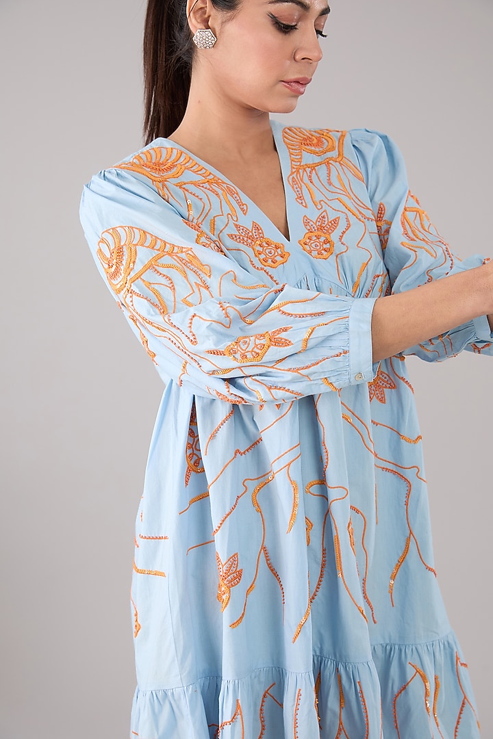Blue Cotton Poplin Floral Motif & Applique Embellished Mini Vacation Dress by Nakateki at Pernia's Pop Up Shop