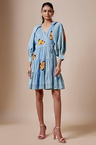 Denim Blue Cotton Floral Hand Embroidered A-Line Mini Dress by Nakateki