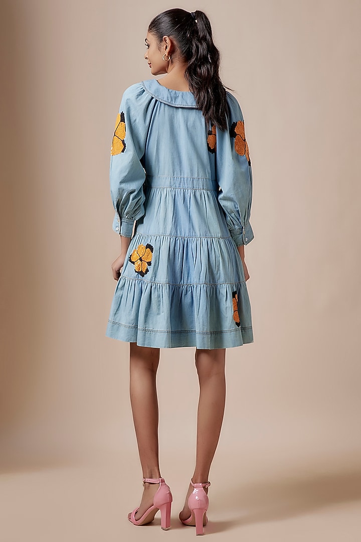Denim Blue Cotton Floral Hand Embroidered A-Line Mini Vacation Dress by Nakateki at Pernia's Pop Up Shop