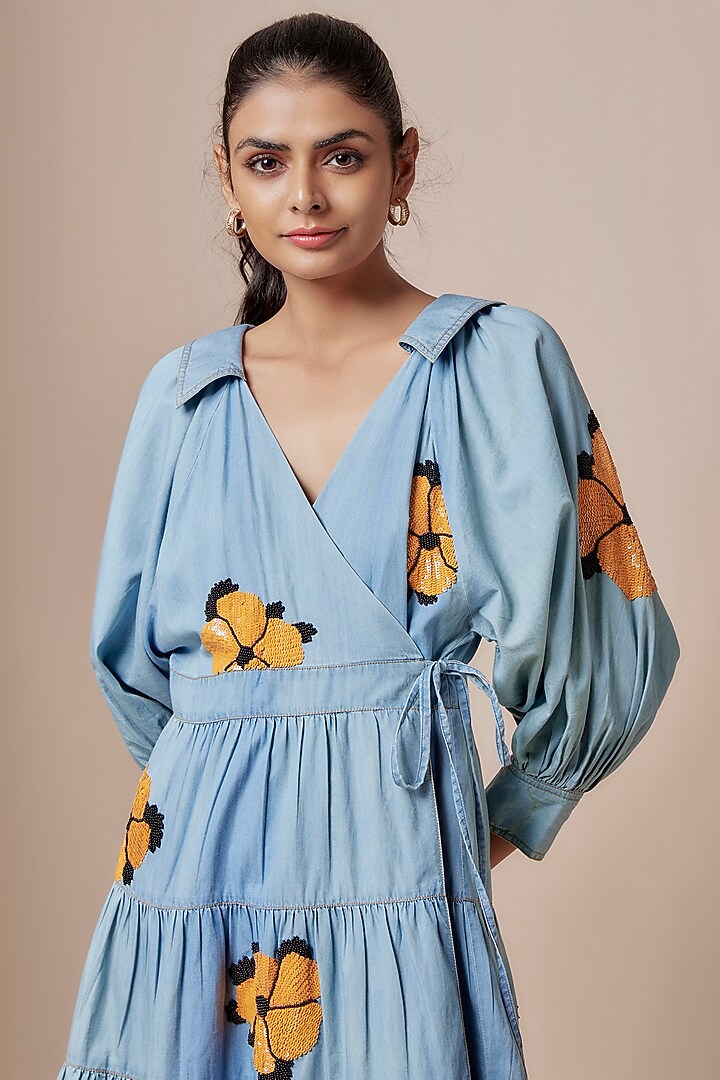 Denim Blue Cotton Floral Hand Embroidered A-Line Mini Vacation Dress by Nakateki at Pernia's Pop Up Shop