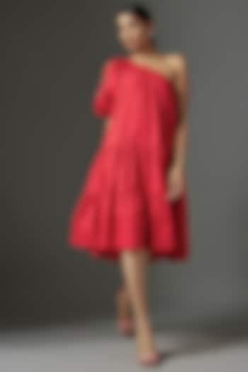 Red Cotton Poplin Applique Embroidered One-Shoulder Dress by Nakateki
