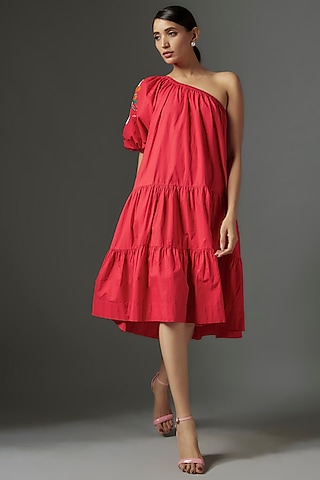 Red Cotton Poplin Applique Embroidered One-Shoulder Dress by Nakateki