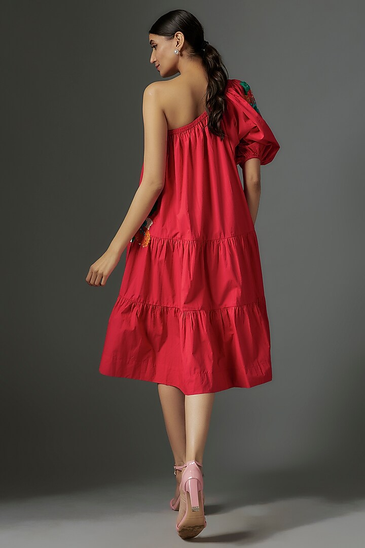 Red Cotton Poplin Applique Embroidered One-Shoulder Summer Dress by Nakateki at Pernia's Pop Up Shop