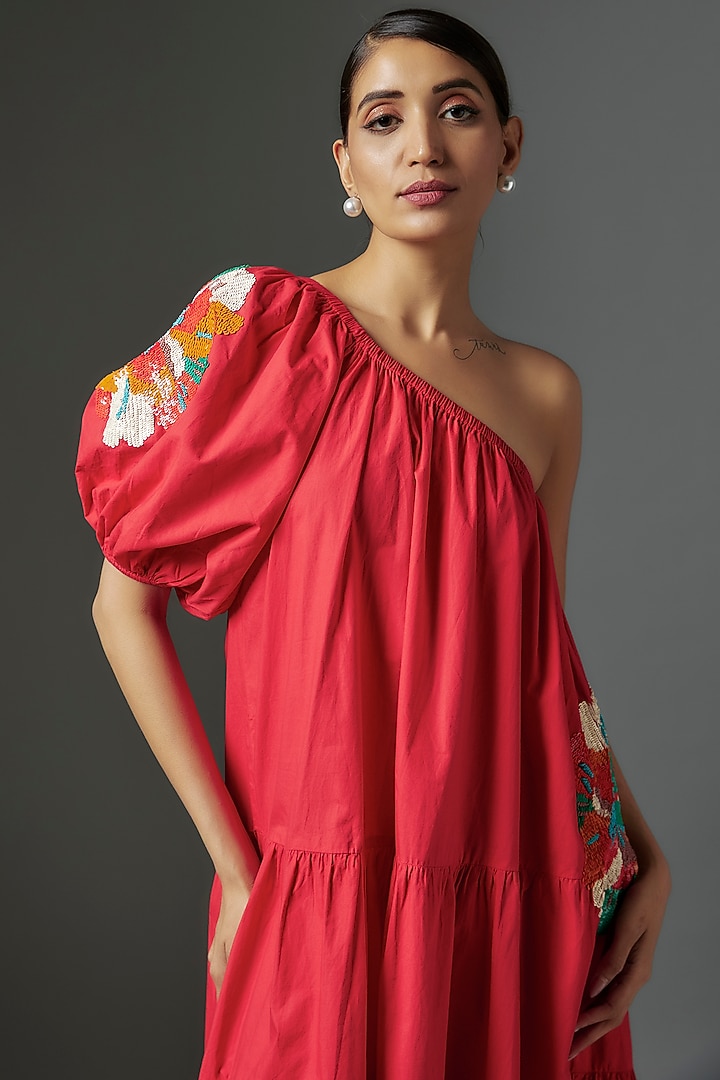 Red Cotton Poplin Applique Embroidered One-Shoulder Summer Dress by Nakateki at Pernia's Pop Up Shop