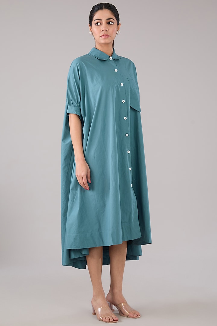 Blue Cotton Flared Midi Dress by Nakateki