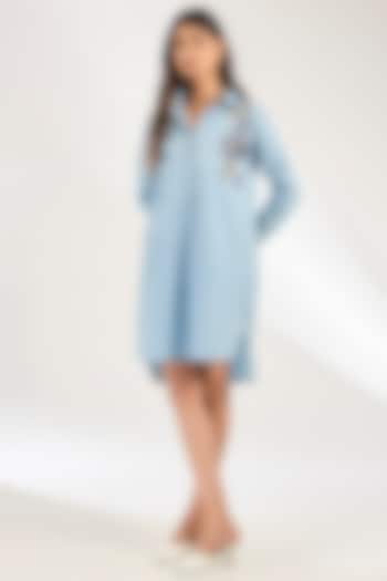 Blue Cotton Poplin Embellished Shirt Vacation Dress by Nakateki at Pernia's Pop Up Shop