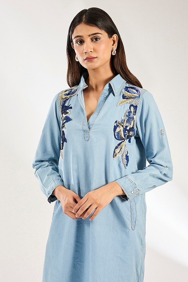 Blue Cotton Poplin Embellished Shirt Vacation Dress by Nakateki at Pernia's Pop Up Shop